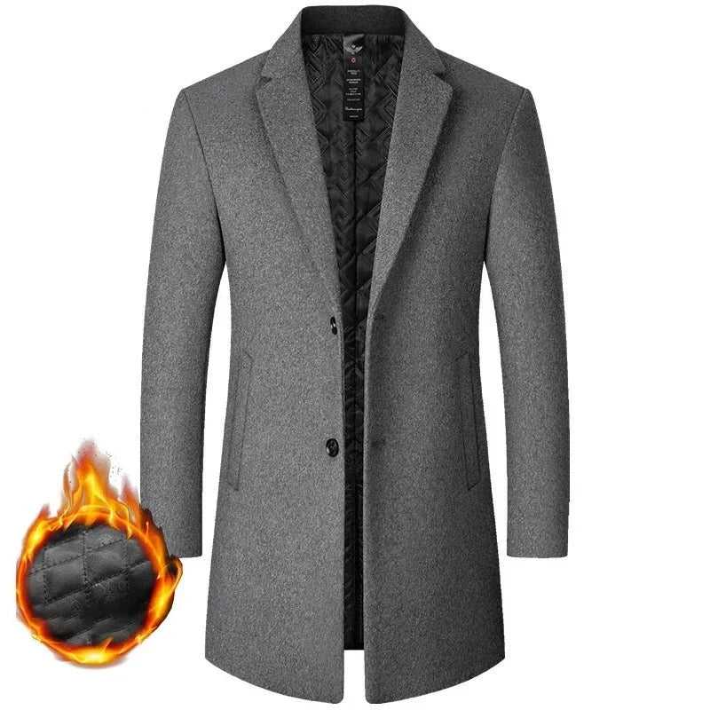 Male Woolen Coat Solid Color Slim Mid-Length Windbreaker Warm Wear-Resistant Men's Wool Coat Business Formal Wear Casual Jacket  Amaijoin