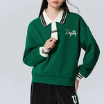 Carregue a imagem no visualizador da Galeria, Semir Sweatshirt Women Polo Collar Letter Art Winter Loose Contrasted Color Temperament Trendy Plus Velvet Pullover  Amaijoin
