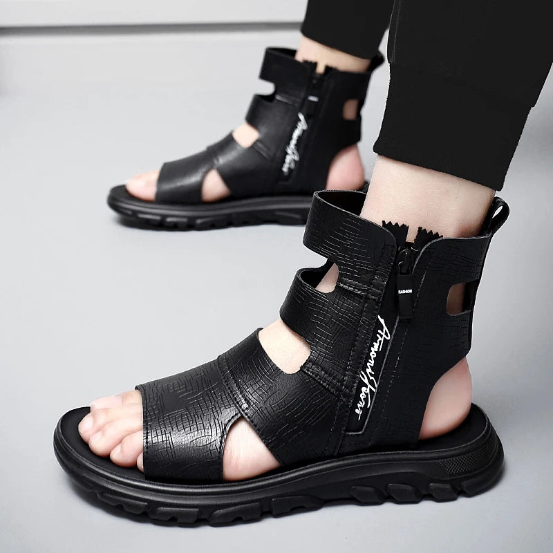 Summer Men's Shoes New Fashion Designer High Top Roman Men Sandals Genuine Leather Non-slip Outdoor Soft-soled Casual Sandals  Amaijoin