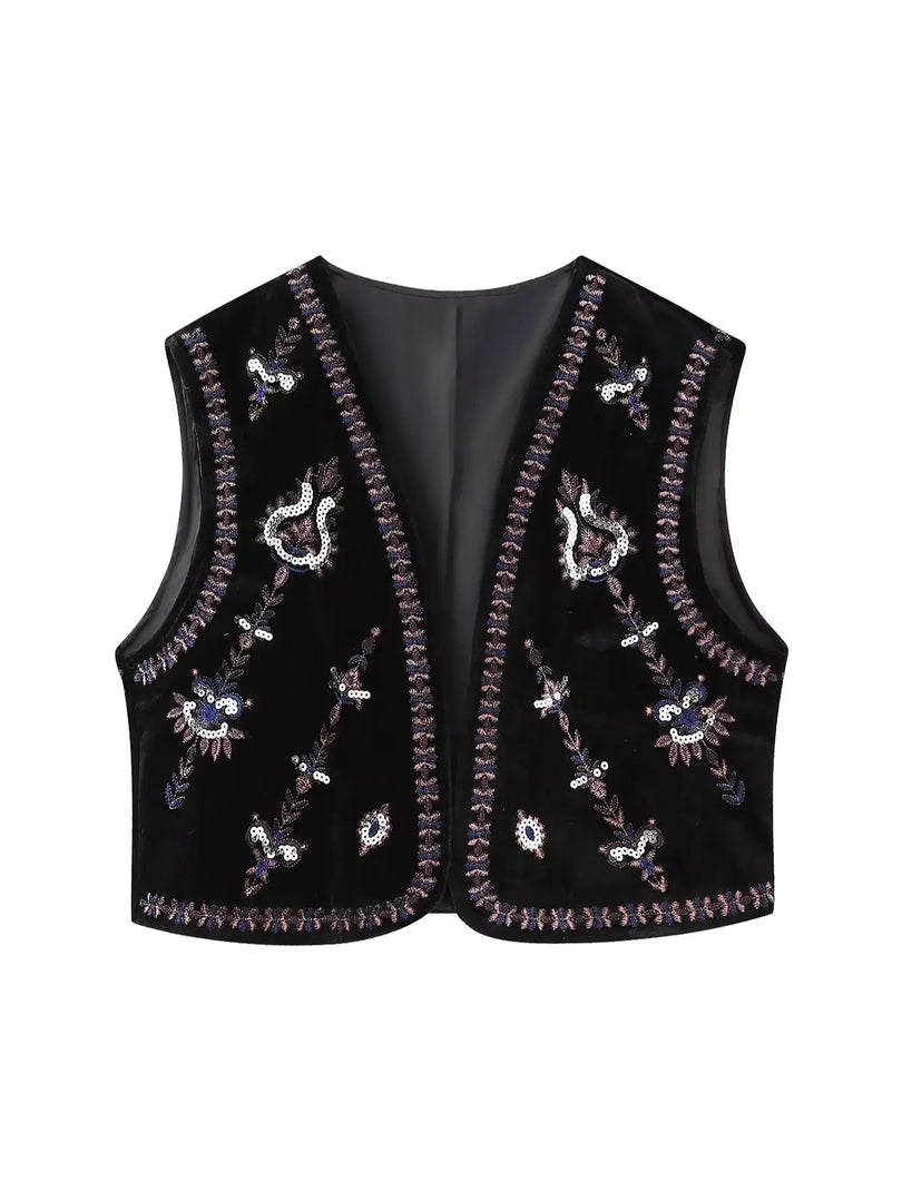 KAOPU ZA Women's Vintage beaded embroidered velvet vest top Jacket Women's casual spring vest coat  Amaijoin