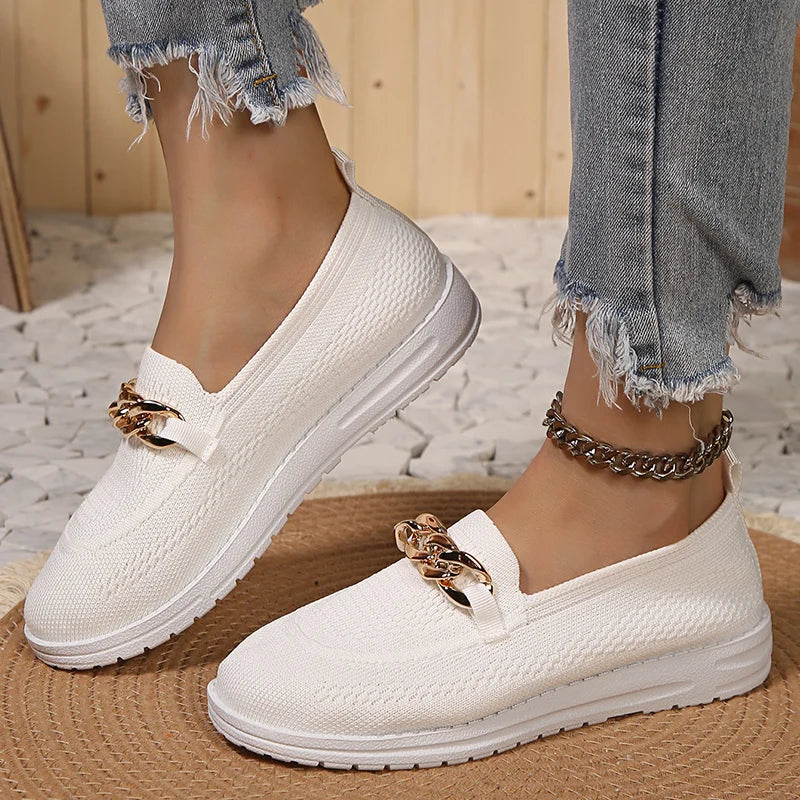 Metal Chain Decor Flats Shoes Women Plus Size 43 Mesh Breathable Shallow Loafers Woman 2023 Autumn Non-Slip Casual Shoes Ladies  Amaijoin