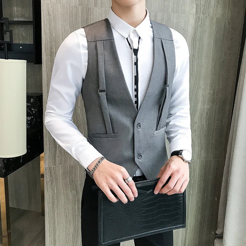 Brand Strap Decorative Vest Men Casual Sleeveless Vests Slim Fit Prom Party Disco Waiter Nightclub Dress Vest Tuxedo Gilet Homme  Amaijoin