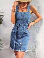 Carregue a imagem no visualizador da Galeria, Square Neck Sleeveless Frayed Hem Belted Denim Dress Women Button Front Tank Sundress Female Casual Mini Jeans Dresses  Amaijoin
