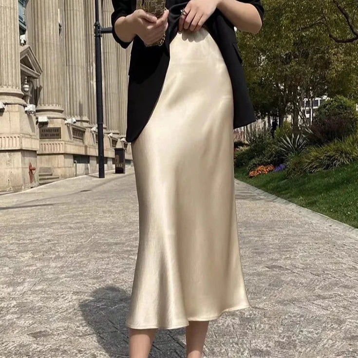 Silk Satin Skirts for Women Korean Style Champagne Office High Waist A-line Skirt Fashion Elegant Solid Long Pencil Skirt 2024  Amaijoin