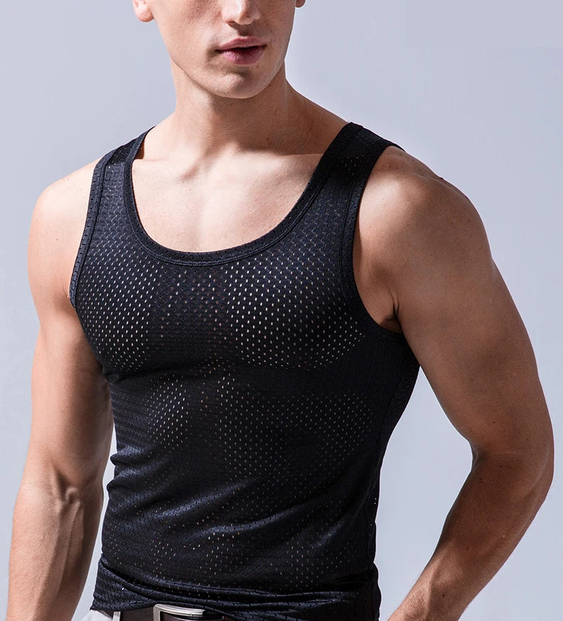 Summer Quick-Drying Thin Breathable Ice Silk Vest Men Tops Sport T Shirts Sleeveless Mesh Hole Tank Tops Gym Clothing Outer Wear  Amaijoin