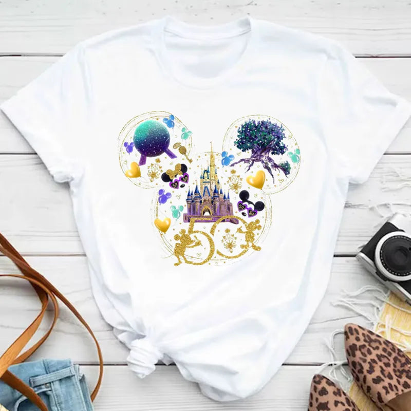 New T-shirts for Women Fashion Heart Minnie Print T Shirt Streetwear Clothes Kawaii Mickey Mouse Disney T Shirt Female Tops  Amaijoin