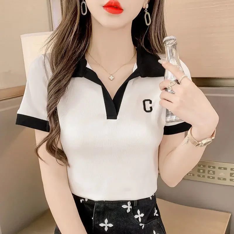 White Short Sleeve Tee Black Women's T Shirts Crop Top Clothes Polo Neck Shirt New Luxury V Aesthetic Sale Y2k Fashion Trend  Amaijoin