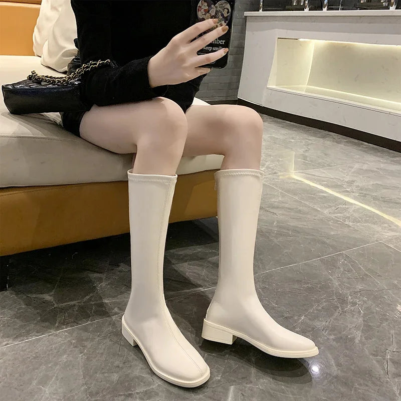 Riding Boots Women Shoes Real Leather Mid Heel Knee-High Boots Square Toe Block Heels Zip Long Boots Autumn Winter 40  Amaijoin