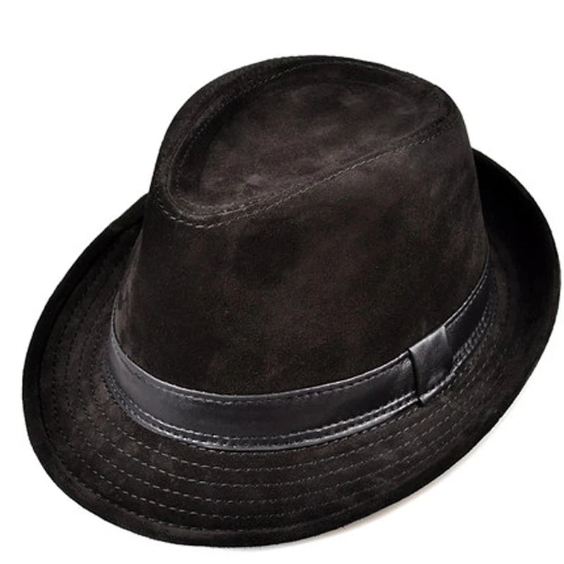 Men Genuine Leather Suede Cow Skin Nubuck Brown Fedoras Hats Women Gentleman Male Jazz Hip Pop Caps 56-60cm Fitted Hat  Amaijoin