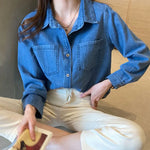 Carregue a imagem no visualizador da Galeria, Lucyever Blue Denim Shirt Women 2023 Autumn New Single-Breasted Jeans Blouses Female Pockets Loose Fashion Lapel Cowboy Blusas  Amaijoin
