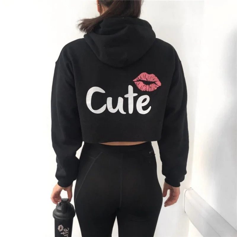 Lip Letter Print Exposed Navel Long Sleeved Hoodie  Amaijoin