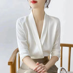 Carregue a imagem no visualizador da Galeria, Women&#39;s Satin White Blouse Long Sleeve V-neck Shirts Elegant Office Lady Wear Spring Simple Style Female Tops Commuter Shirt  Amaijoin
