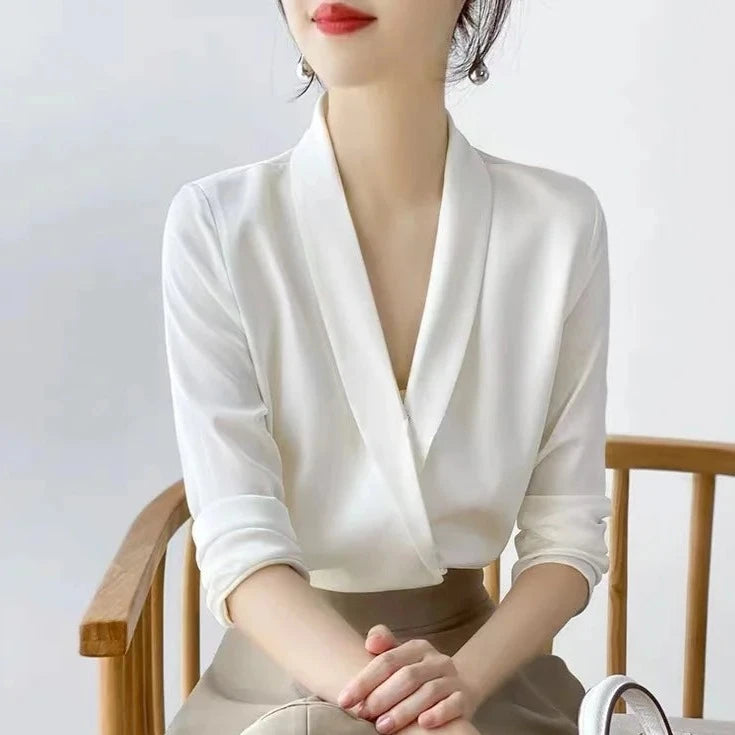 Women's Satin White Blouse Long Sleeve V-neck Shirts Elegant Office Lady Wear Spring Simple Style Female Tops Commuter Shirt  Amaijoin