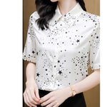 Load image into Gallery viewer, Birdtree 19MM 89.2%Mulberry Silk Summer Women Star Print Shirt Short Sleeve Elegant Fashion Women&#39;s Stand Collar Top T38644QD  Amaijoin
