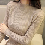 Carregue a imagem no visualizador da Galeria, ITOOLIN Women Long Sleeve Knitted Bottoming Solid Pullovers Stripe Casual Sweater Autumn Winter Women Mock Neck Ruffles Sweater  Amaijoin
