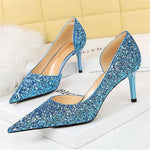 Carregue a imagem no visualizador da Galeria, Women 7cm 10.5cm High Heels Elegant Blue Pumps Sexy Sequins Bling Mid Heels Lady Scarpins Luxury Stiletto Sparkly Party Shoes  Amaijoin
