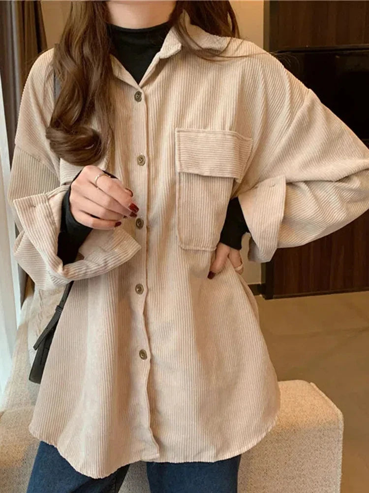 Jmprs Casual Women Corduroy Shirts Fashion Pockets Long Sleeve Spring Ladies Tops Solid Korean Loose Button Up Shirts  Amaijoin