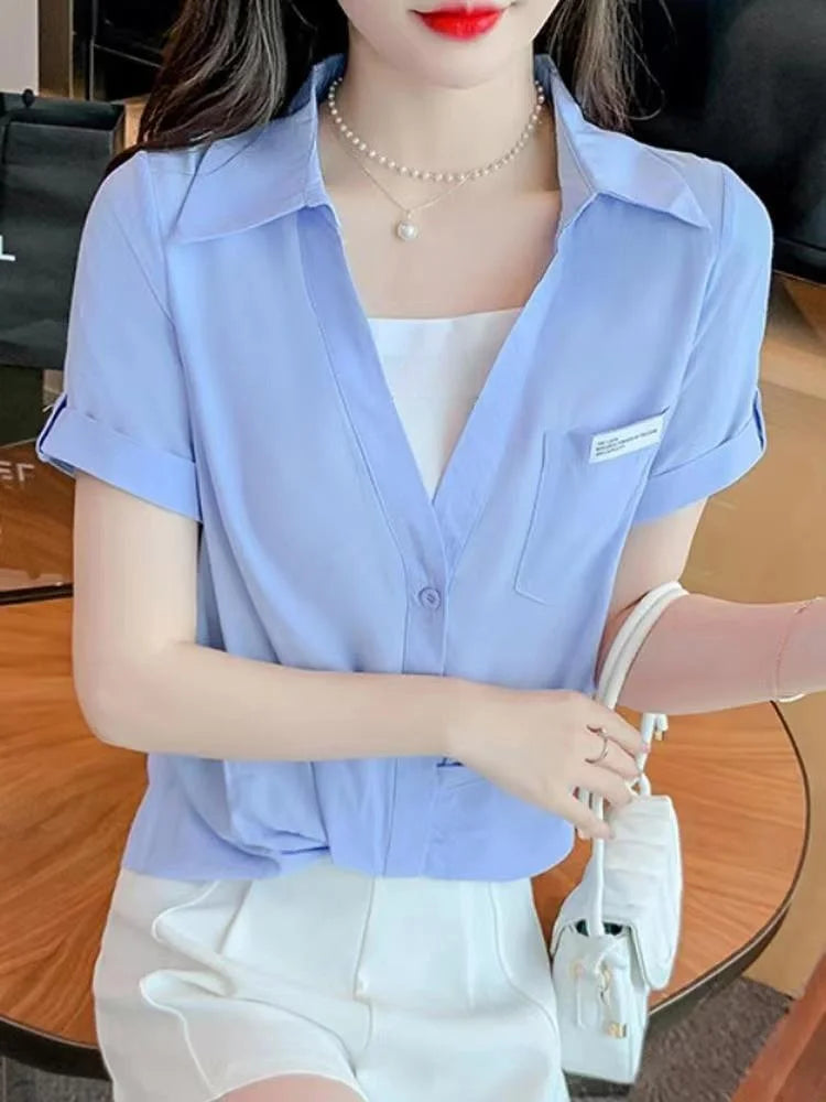 Polo Shirts for Women 2024 Fashionable French V-neck Fake Two White Shirts Summer Design Korean Loose Short Sleeved Shirt Top  Amaijoin