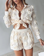 Carregue a imagem no visualizador da Galeria, Two Piece Set Women Outfit 2024 Flower-Embroidery Detail Buttoned Turn-Down Collar Shirt &amp; High Waist Pocket Design Shorts Set  Amaijoin
