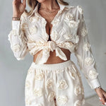 Carregue a imagem no visualizador da Galeria, Two Piece Set Women Outfit 2024 Flower-Embroidery Detail Buttoned Turn-Down Collar Shirt &amp; High Waist Pocket Design Shorts Set  Amaijoin
