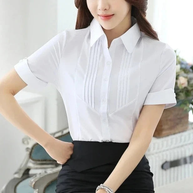 White Shirt Women Short Sleeve Blouse Working Clothes 2024 Summer Sweet Womens Tops Button Up Shirts OL Elegant Female Clothing  Amaijoin