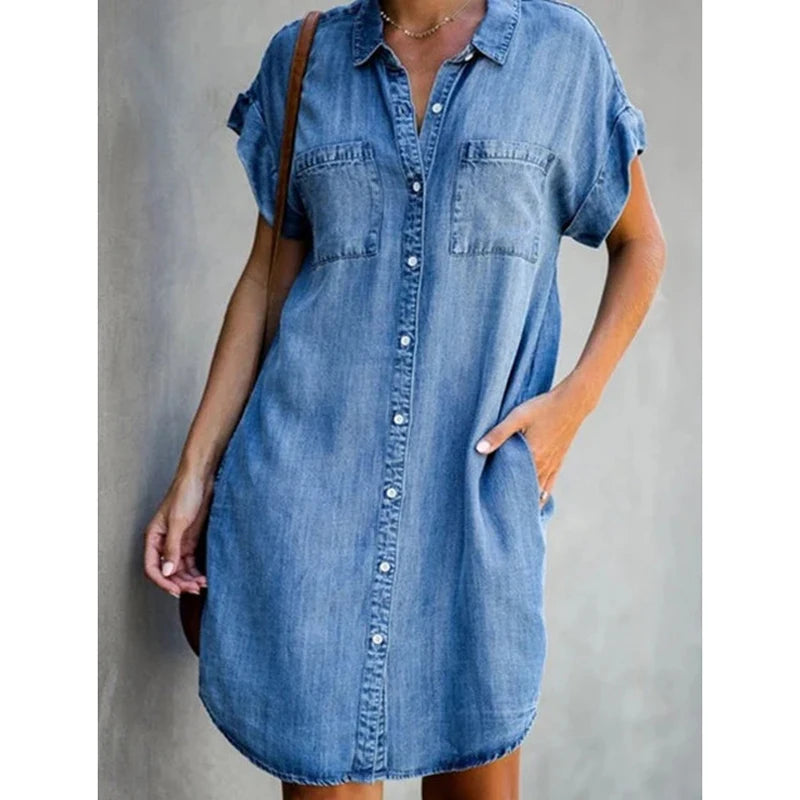 Summer New Single Breasted Denim Shirt Dress Women's Casual Loose Pocket Simple Retro Commuter Female Office Denim Short Skirt  Amaijoin