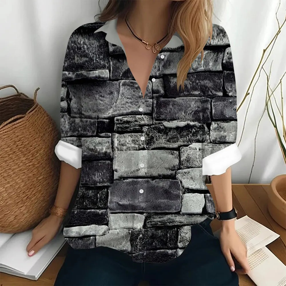 Autumn Women's Shirt Polo Collar Long Sleeve T-shirt Fashion Print Top Fashion Party Trend Women's Shirt Button Casual T-shirt  Amaijoin