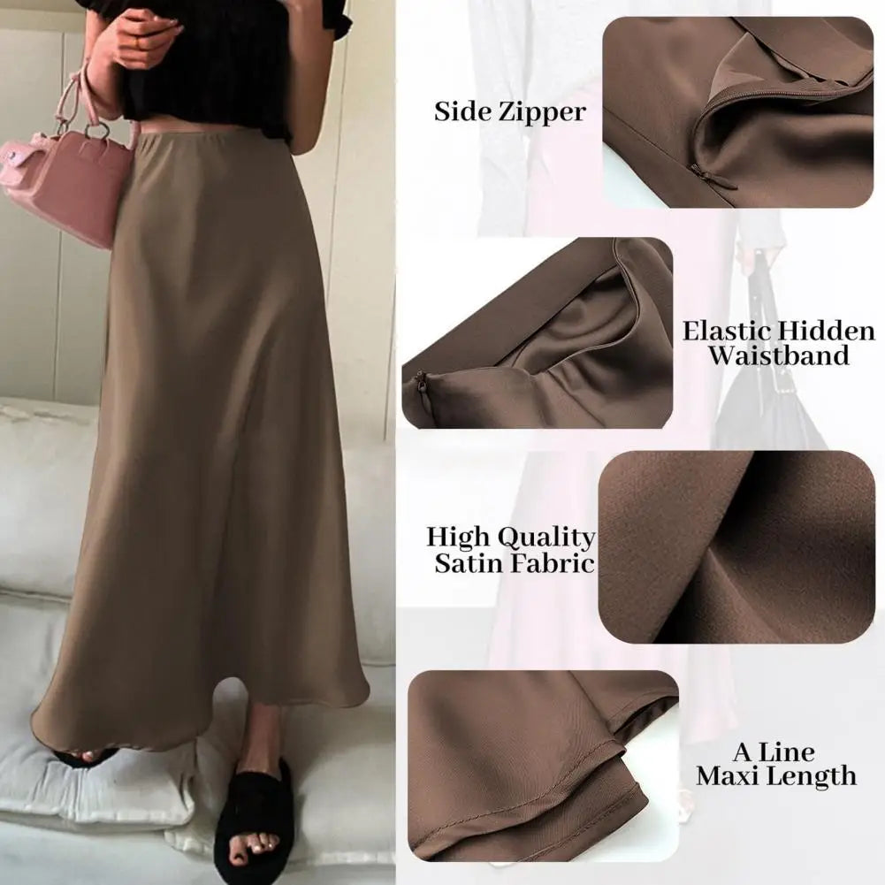 A-line Skirt Women High Waist Skirt Elegant Faux Silk Satin Skirts for Women High Waist Fishtail A-line Styles Solid Colors  Amaijoin