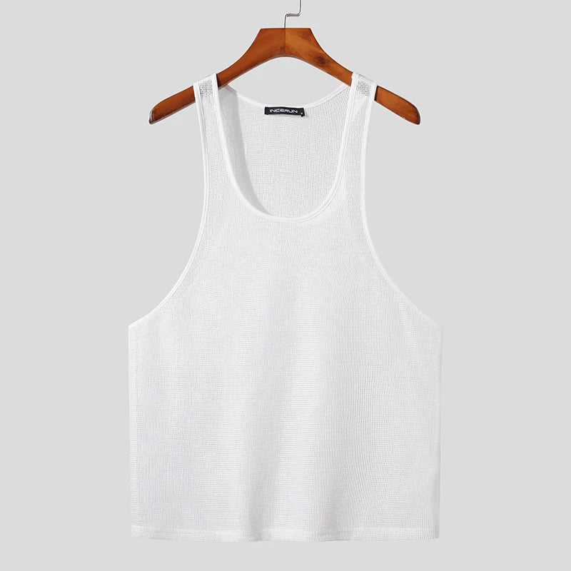 INCERUN Men Tank Tops Mesh Transparent O-neck Sleeveless Sexy Vests Streetwear Summer Breathable 2023 Fashion Men Clothing S-5XL  Amaijoin