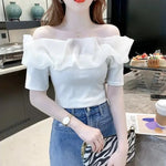 Carregue a imagem no visualizador da Galeria, Off Shoulder Top Sexy Exposed Clavicle Ruffled Short Sleeve T-shirt Female Summer Chic Elegant Blouses Niche Fairy Kawaii Tops  Amaijoin
