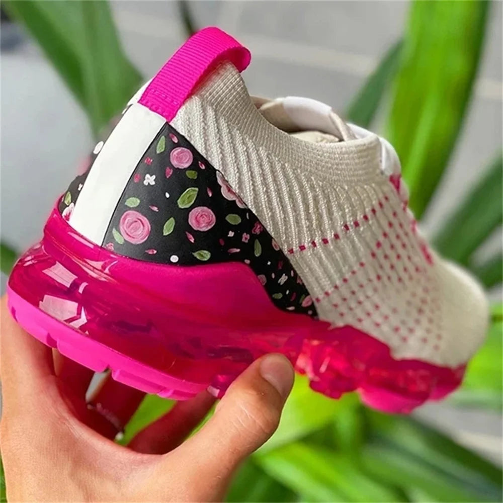 2023 New Sneakers Women Spring Fashion Knitted Fabric Floral Lace Up Ladies Casual Shoes Larged-Size Flats Running Sport  Amaijoin