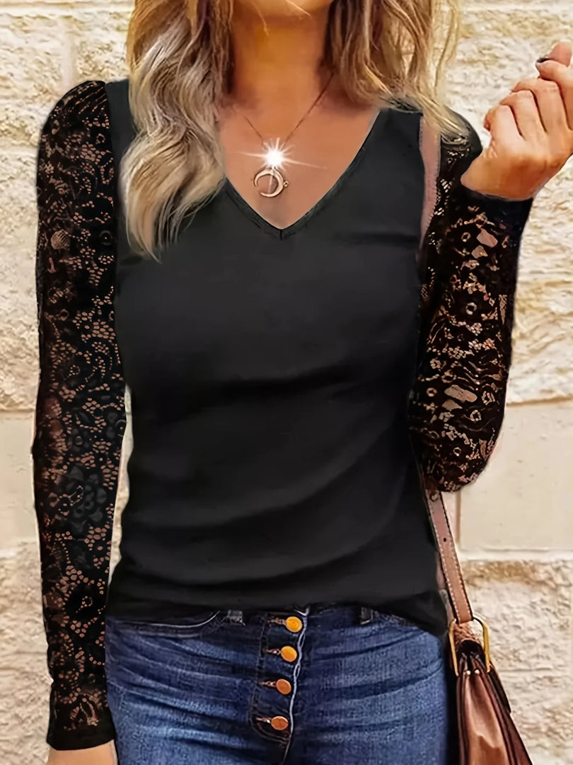 Women Fashion Solid Color Tee Shirts Casual V Neck Full Long Sleeve Shirts Ladies Basic Chic Lace T-Shirt  Amaijoin