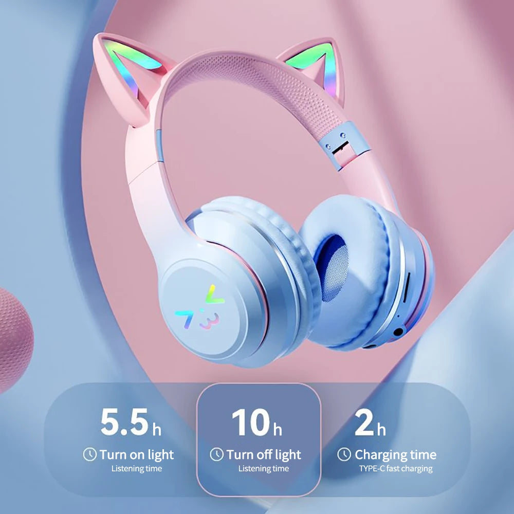 Gradient wireless Headphones RGB cute cat ear Bluetooth Earphones with microphone Stereo Music Game Earphone Girls Kids Gifts  Amaijoin