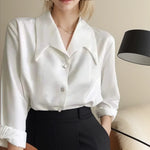 Carregue a imagem no visualizador da Galeria, Fashion Turn Down Collar Chiffon White Women Shirt Spring Professional Commuting Formal Tops Elegant Solid Color Blouse  Amaijoin
