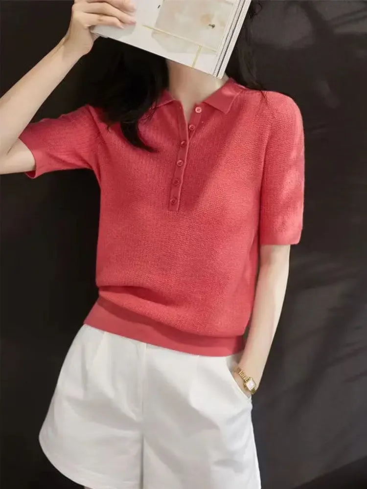 Women's Polo Shirts Knitted Plain Button T-shirts Pink Clothing Trend 2024 Basic Pulovers Short Female Tee Sleeve Pretty Summer  Amaijoin