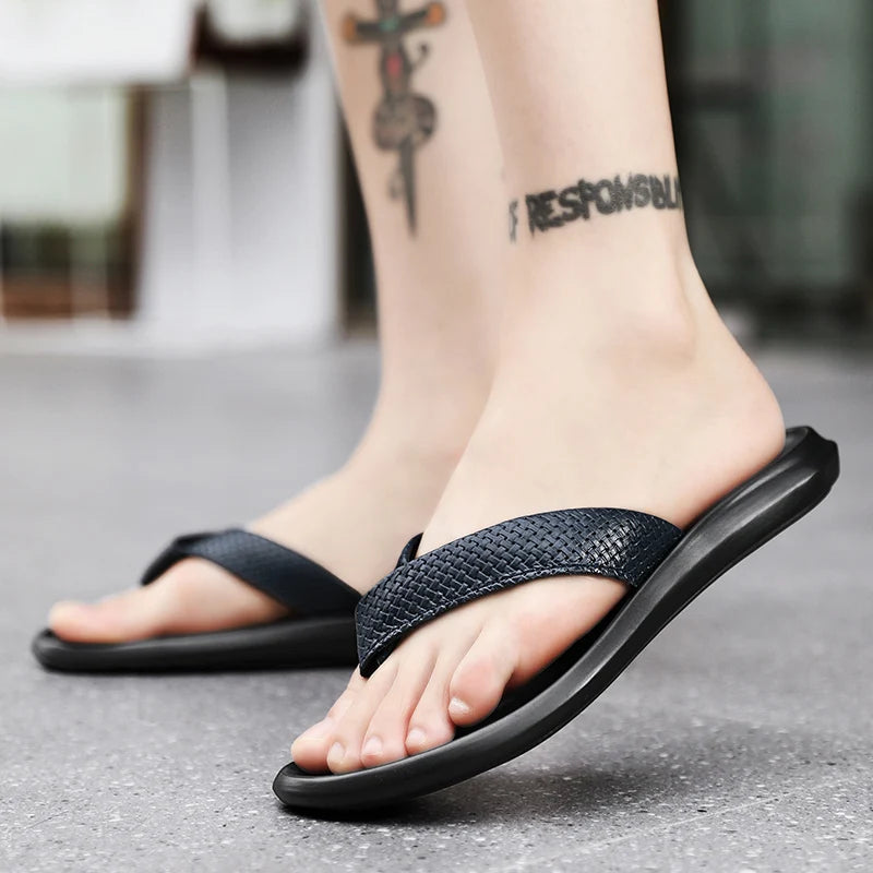 Summer Outdoor Leather Non-slip Men's Flip Flops Leisure Sandals Men's Hollow Out Walking Shoes Lightweight Beach Men Slippers  Amaijoin