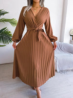 Load image into Gallery viewer, Women Elegant V Neck Long Sleeve Pleated Maxi Dress  Amaijoin
