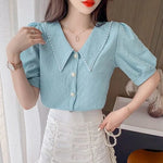 Load image into Gallery viewer, Sweet Peter Pan Collar Puff Sleeve Button Oversized Beading Blouse Summer Casual Tops Elegant Female Clothing Commute Shirt  Amaijoin
