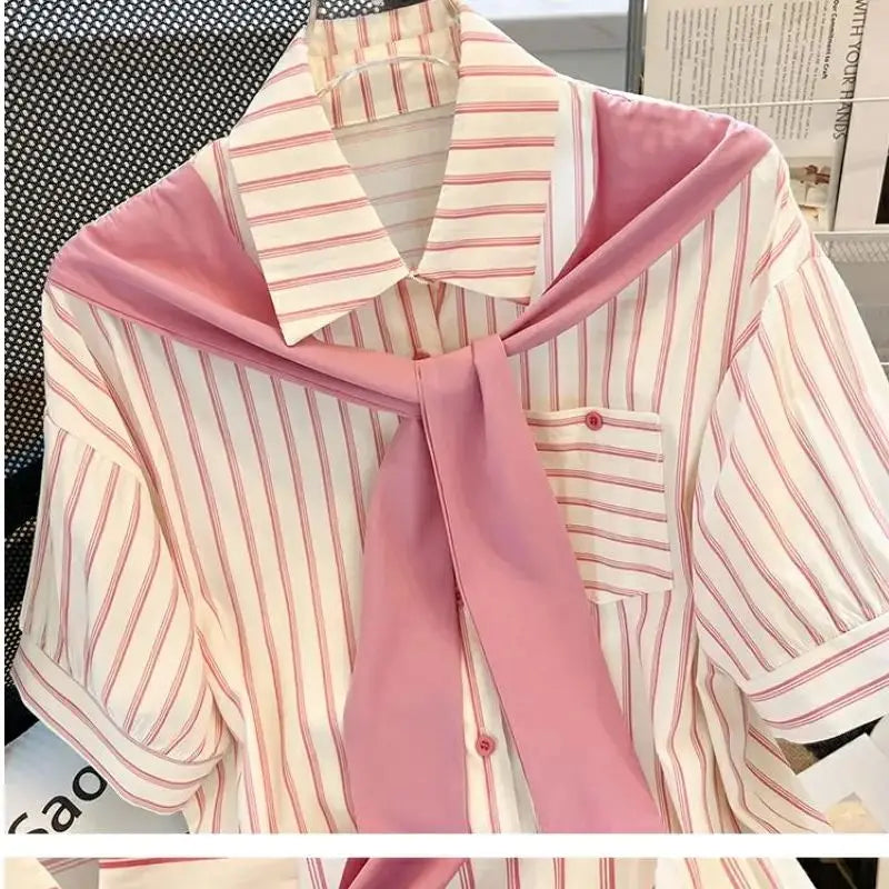 Women's Summer Trend Clothing Short Sleeved Striped Shirt Pocket Shawl Shirt Top Sweet Casual Office Lady's Shirts And Blouses  Amaijoin