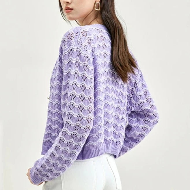 SENTUBILA Contrast Striped Long Sleeve Cardigan Sweaters for Women 2023 Autumn Round Neck Purple Knitted Tops Outerwear Coats  Amaijoin