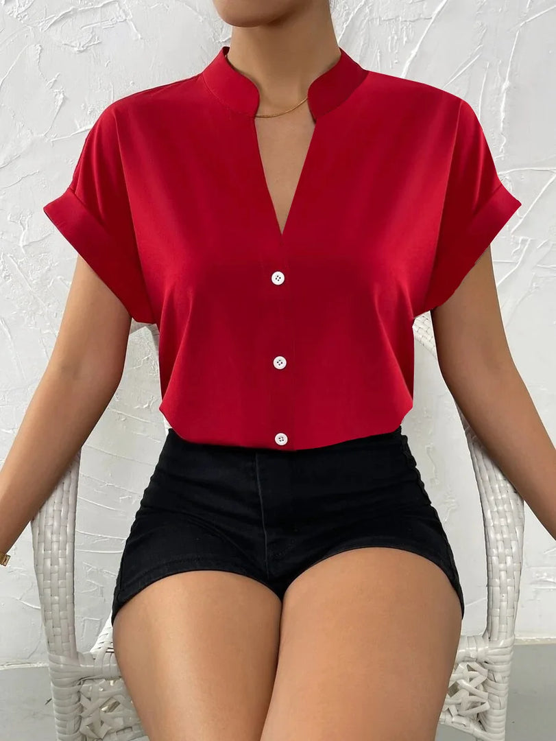 Summer Minimalist Women's V-neck Shirt 2023 Elegant Women's Satin Red Short Sleeved Single Breasted Casual Fitting Office Shirt  Amaijoin