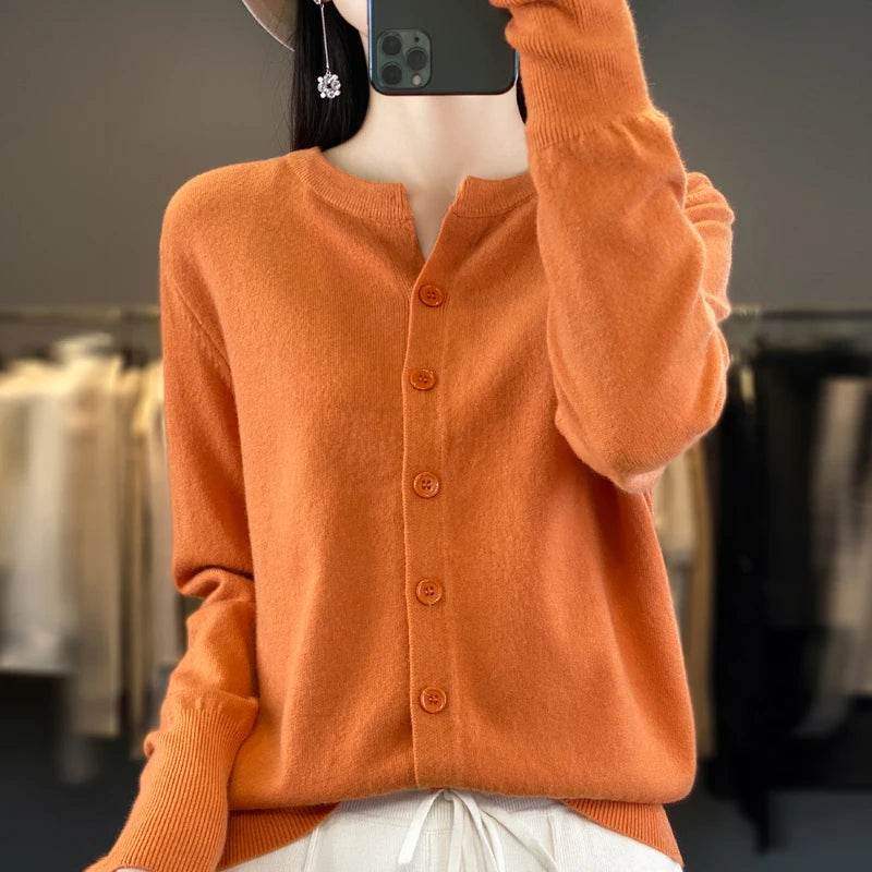 Autumn And Winter New Cashmere Cardigan Women Solid Color Sweater Loose O-Neck Knitted Cashmere Cardigan Sweater Women  Amaijoin