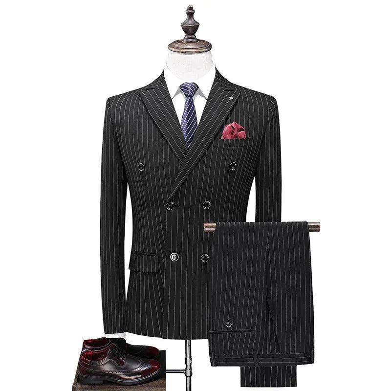 ( Jacket + Vest + Pants ) Groom Wedding Dress Boutique Striped Formal Double Breasted Suit 3pce Set Mens Casual Business Suit  Amaijoin