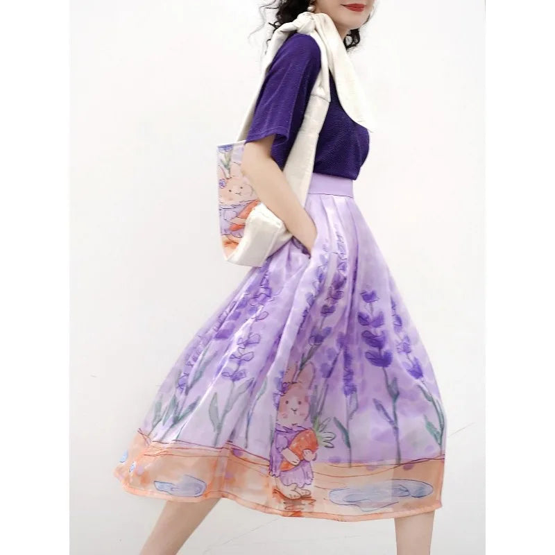 2024 Spring/Summer New Sweet Printed Women's Elastic Waist Pleated Pocket Fashionable and Loose High Waist Midi A-line Skirts  Amaijoin