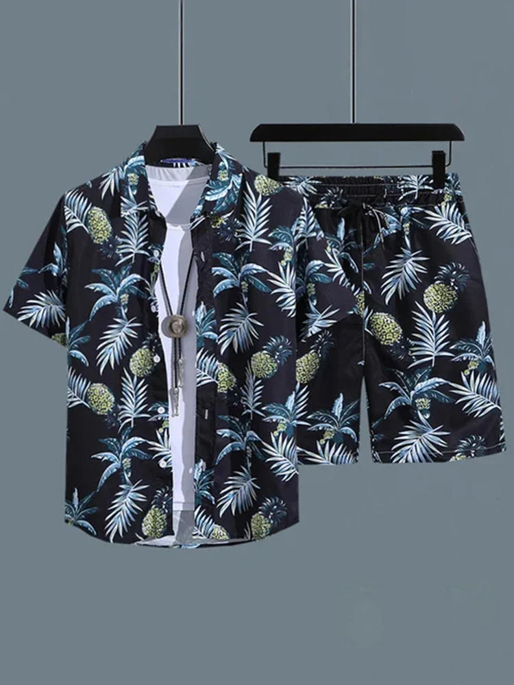 Men's Short-Sleeved Shirt and Shorts Set Seaside Casual Short-Sleeved Shirt Summer Outdoor Street Shorts 3D Printed Men's Set  Amaijoin