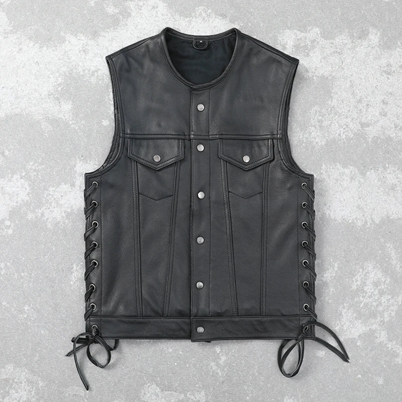 Soft Thin Cowhide Genuine Leather Vest for Men Sleeveless Jacket V-Neck Motorcycle Biker Waistcoat for Riding  Amaijoin