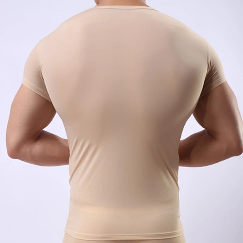 Men's Sheer Undershirts Man Ice Silk Mesh See through Basics Shirts Sexy Fitness Bodybuilding Underwear  Amaijoin