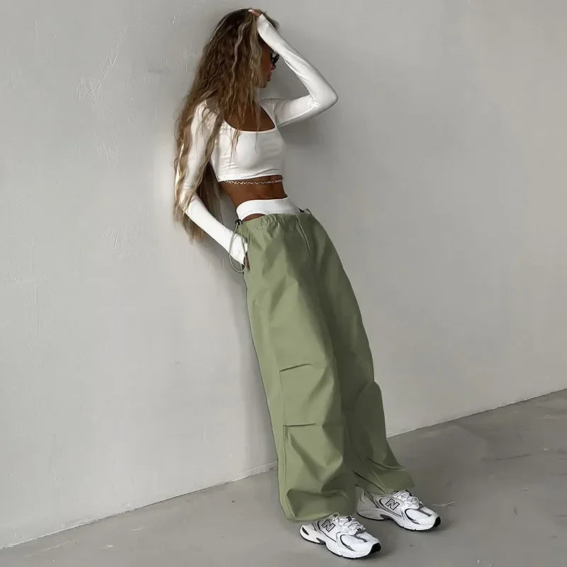 Y2k Baggy Pants Women Cargo Pants Sports Wide Leg Pants Drawstring Joggers Female Streetwear Solid Casual High Waisted Trousers  Amaijoin