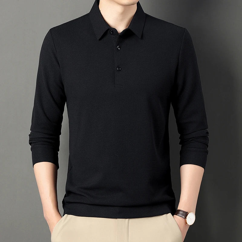 New Men's Long Sleeve T Shirt Button Lightweight Lapel Loose Polo Shirt Solid Color Top  Amaijoin