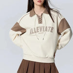 Carregue a imagem no visualizador da Galeria, Semir Sweatshirt Women Fleece Letter Print Color Matching Loose Winter Waffle Polo Collar Artistic Retro Style Sweatshirt  Amaijoin
